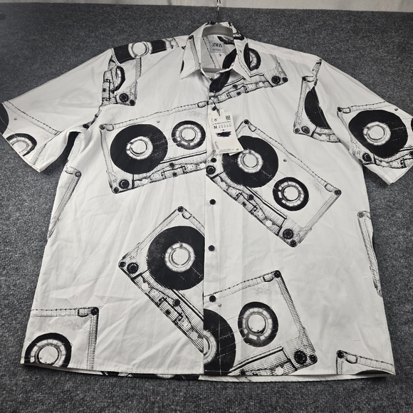 NWT Zara Men's White Shirt with Black Cassette Print Size M - Picture 11 of 11
